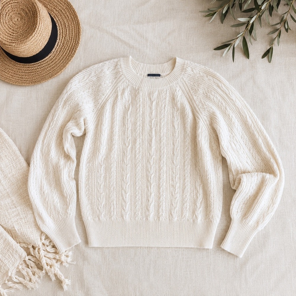 O.P.T. Cable Knit Sweater S Cream White Balloon Sleeve Wool Mohair Anthropologie